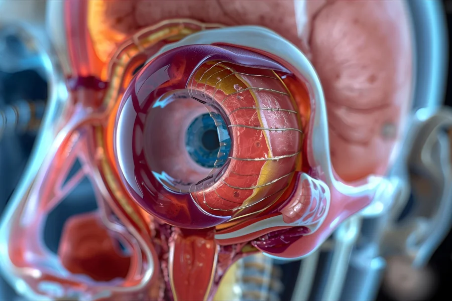 Anatomical diagram showing the bones and structure of the human eye orbit.