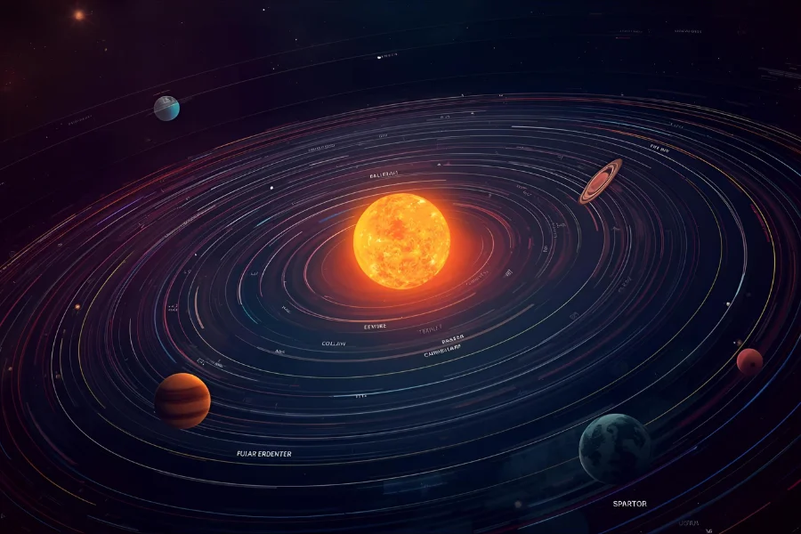 Diagram of the solar system showing planetary and lunar orbits around the Sun