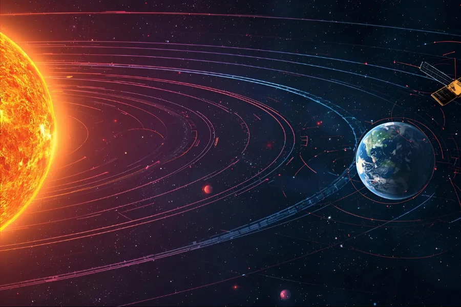 Visual diagram showing different types of orbit — Earth’s orbit around the Sun, satellite orbit in space, and symbolic human orbit representing relationships.
